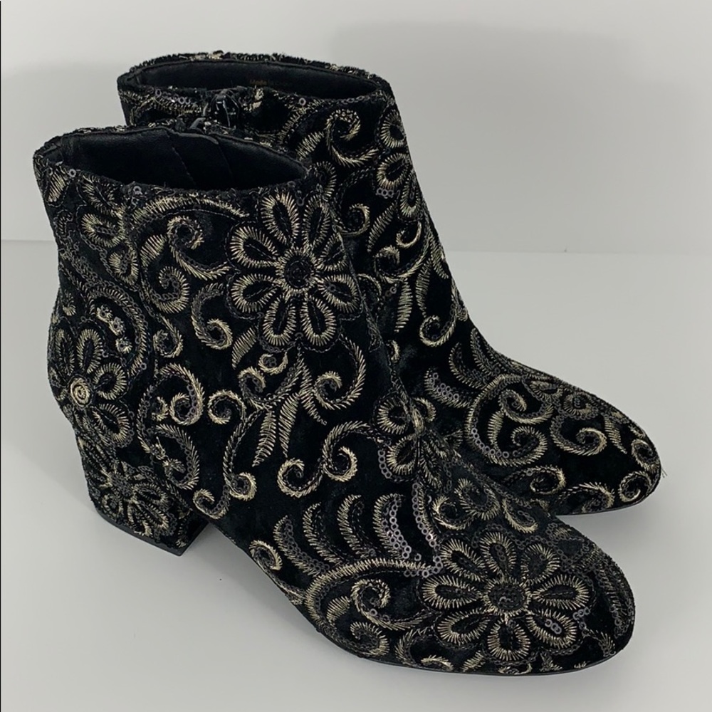 Aldo Black Velvet Floral Block Heel Ankle Bootie